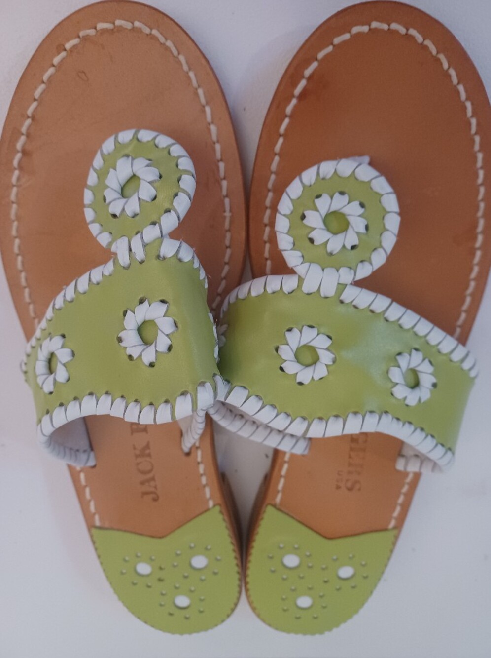 Jack Rogers Navajo Leather Sandals Lime Green White Whipstitch EUC Size 7